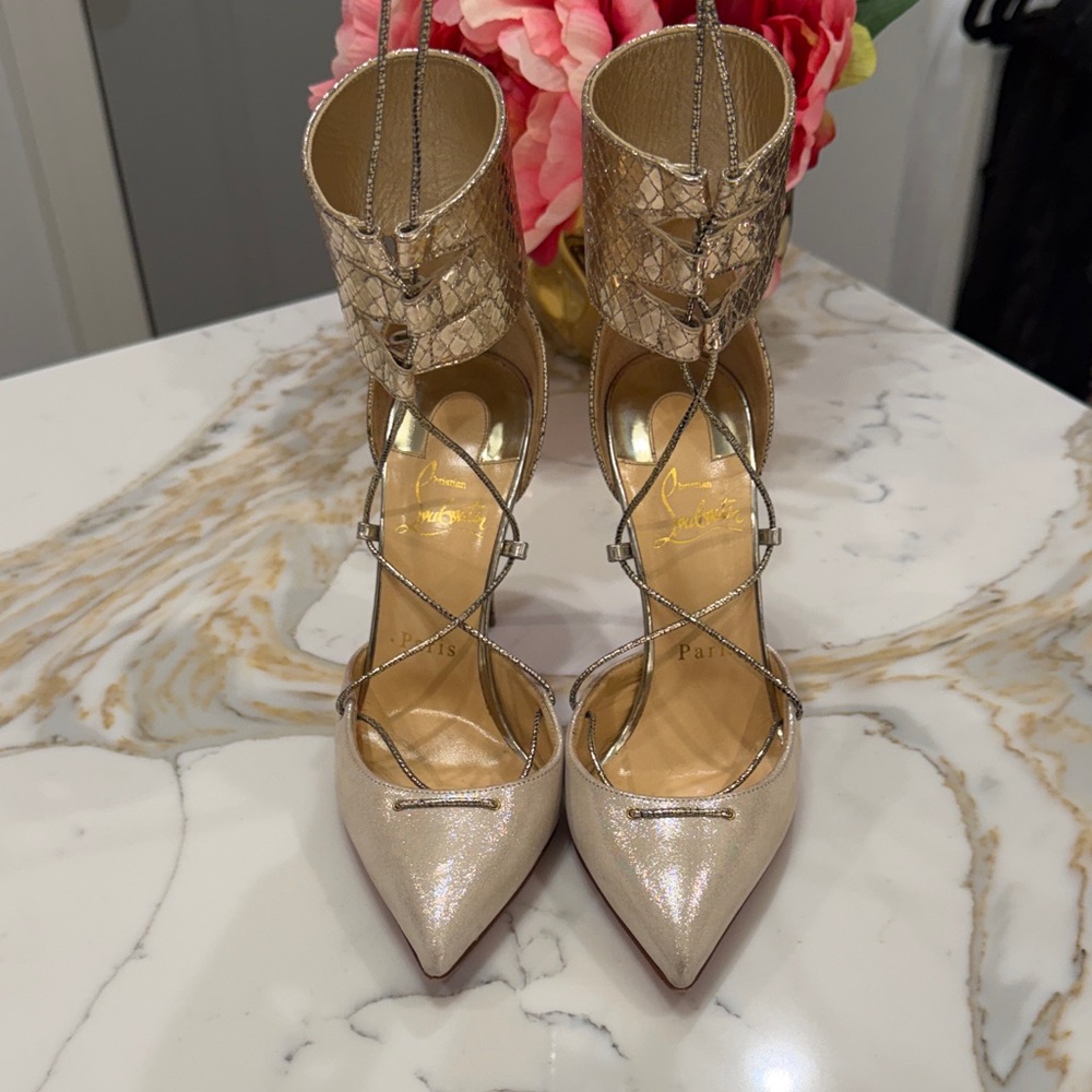 Christian Louboutin Metallic Gold Lace-Up Heels
